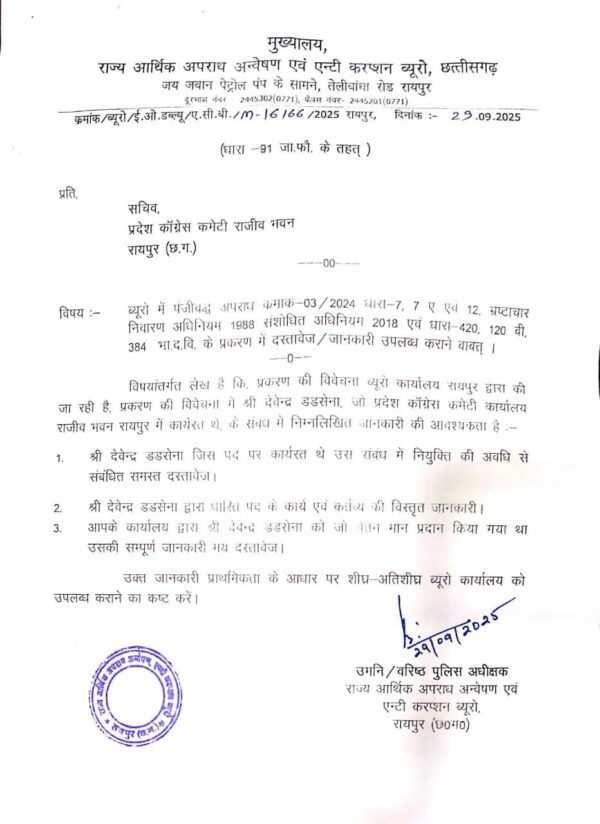 ACB ने प्रदेश कांग्रेस कार्यालय से मांगे देवेन्द्र डडसेना के दस्तावेज, भ्रष्टाचार प्रकरण में जांच तेज